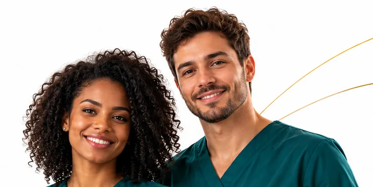 Enfermeira e enfermeiro sorrindo, prontos para empreender